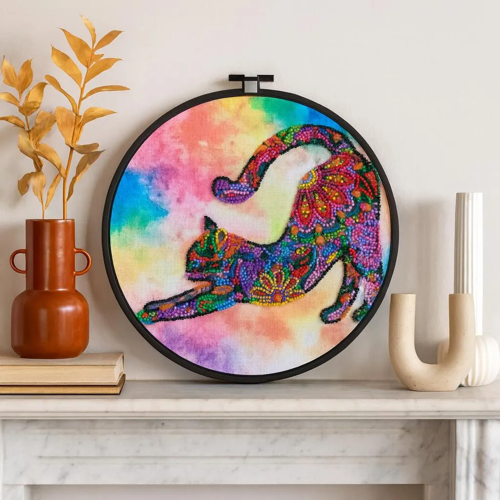 Colorful Stretching Cat DIY Bead Embroidery Kit