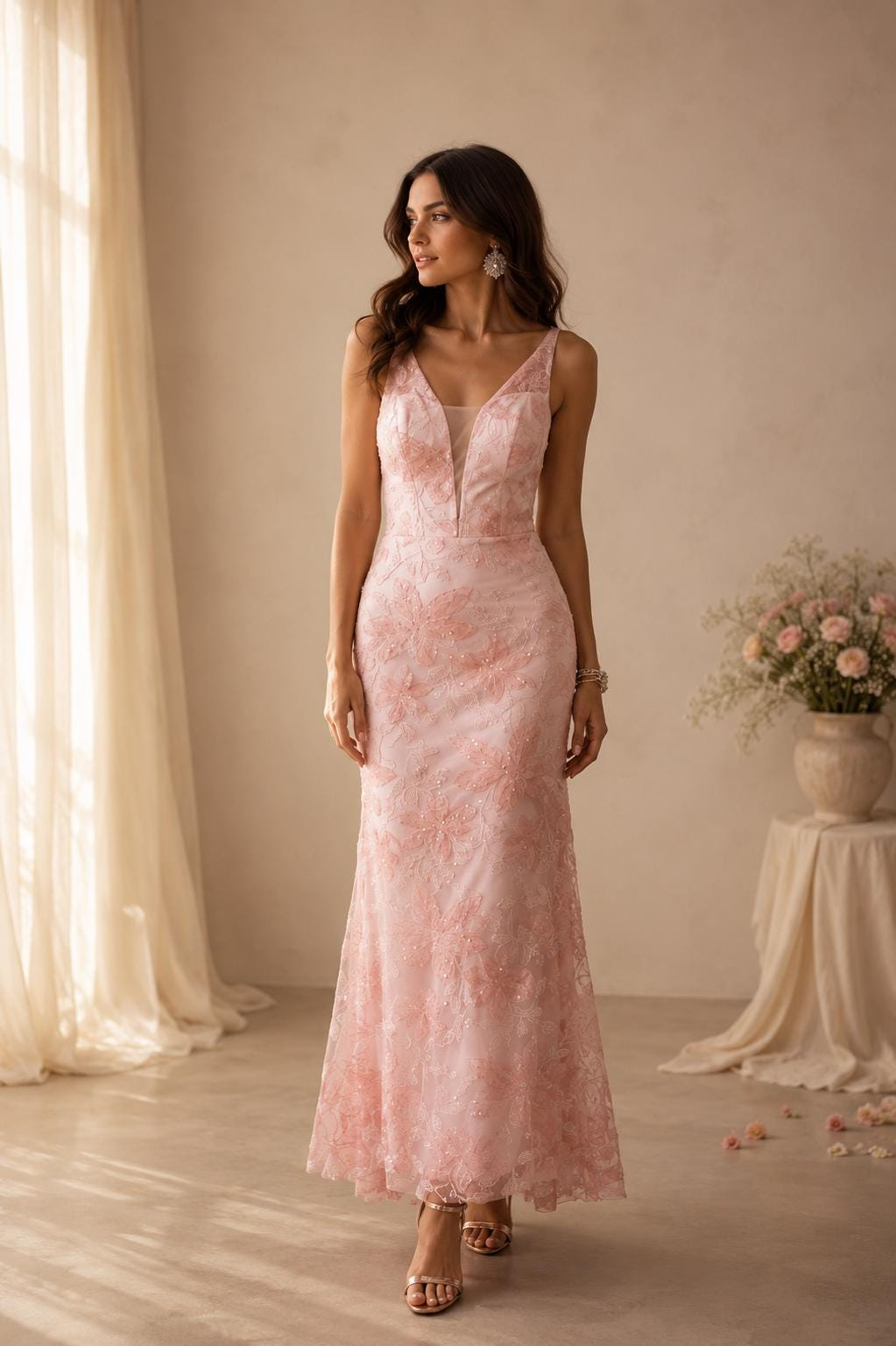 Women’s Pink Floral Lace Maxi Dress