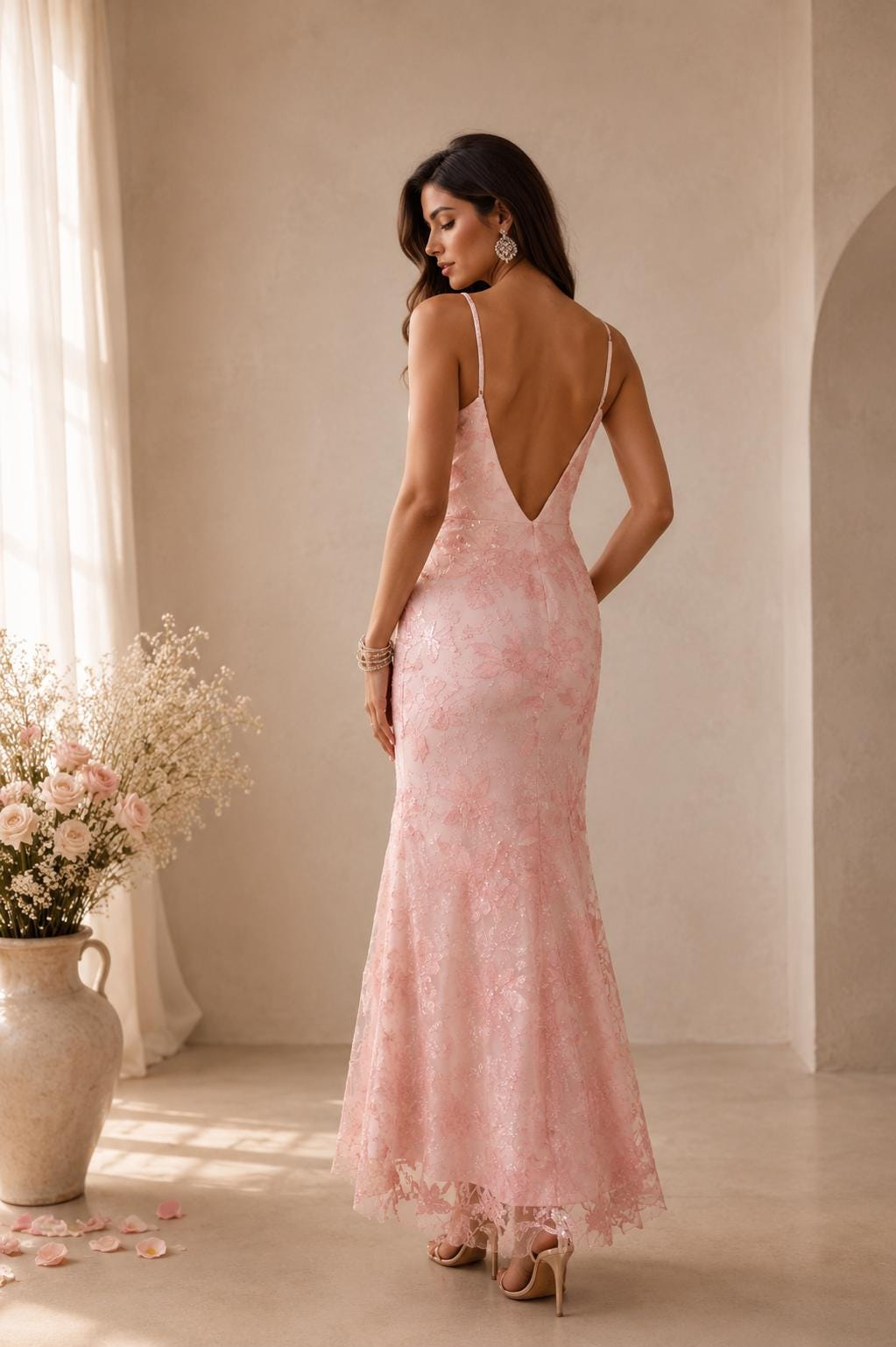 Women’s Pink Floral Lace Maxi Dress - Image 3