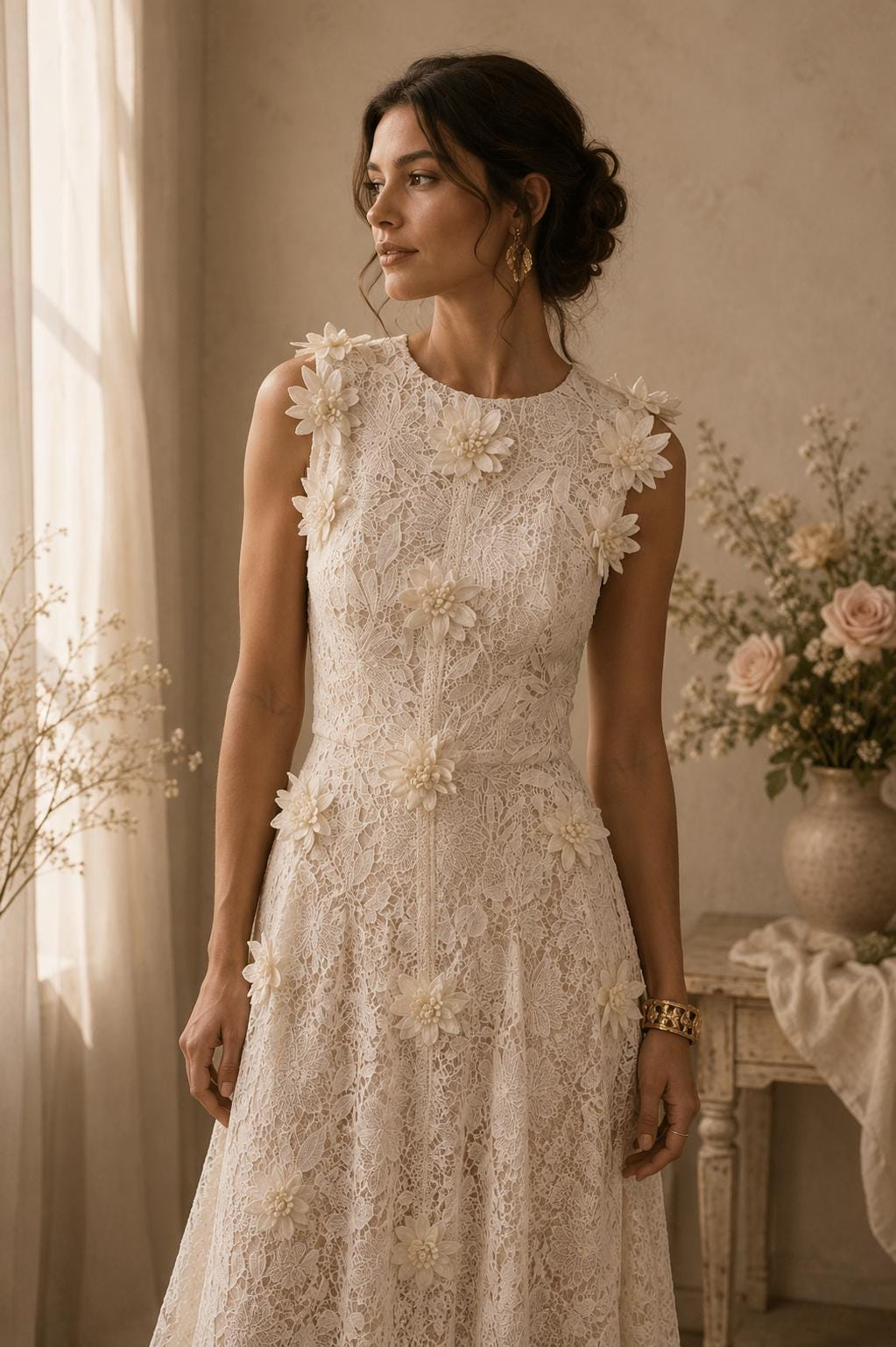 Women’s Ivory Floral Lace Maxi Dress - Image 3