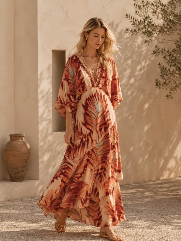 Women’s Boho Tropical Leaf Print Maxi Dress