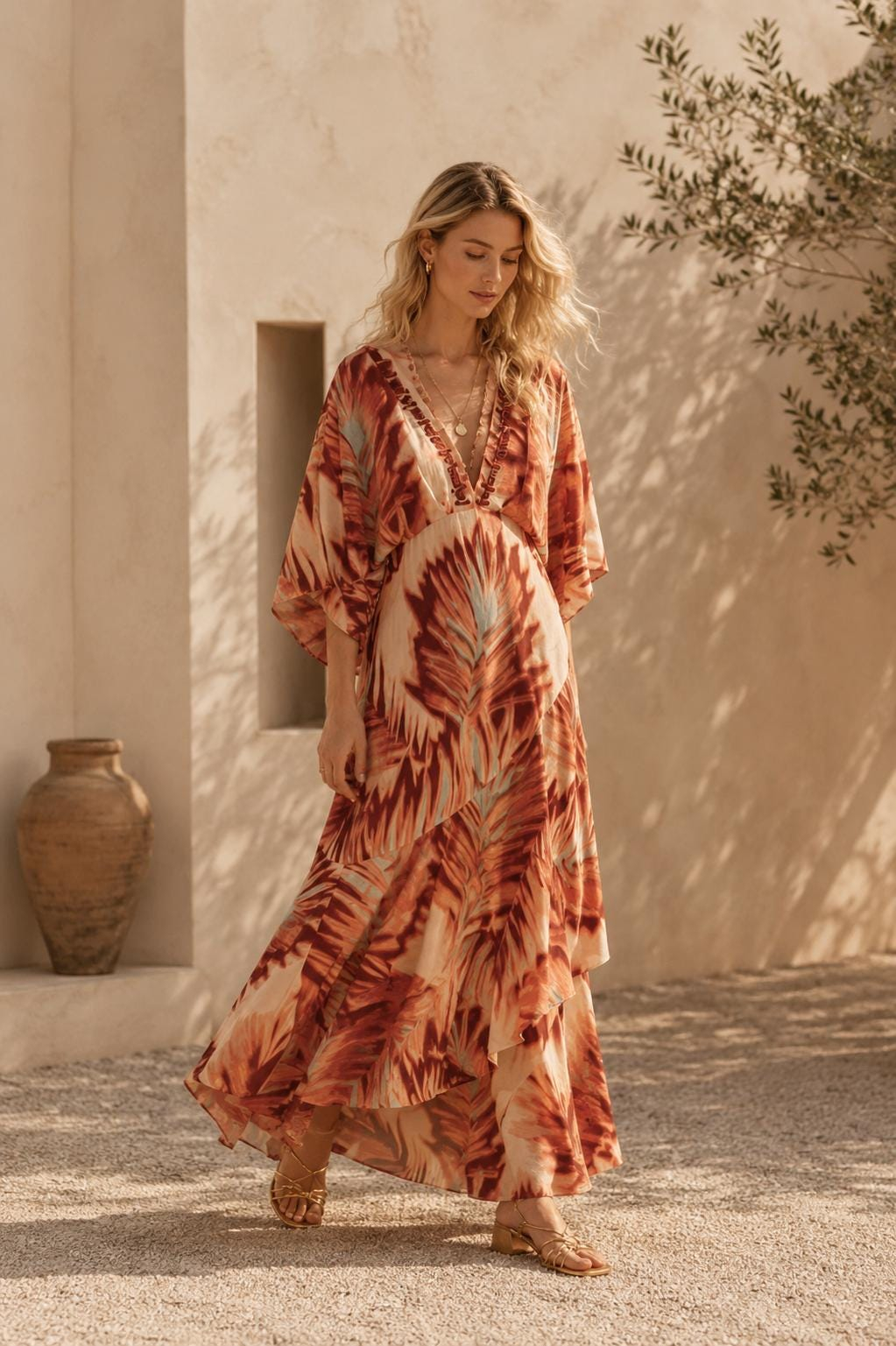 Women’s Boho Tropical Leaf Print Maxi Dress