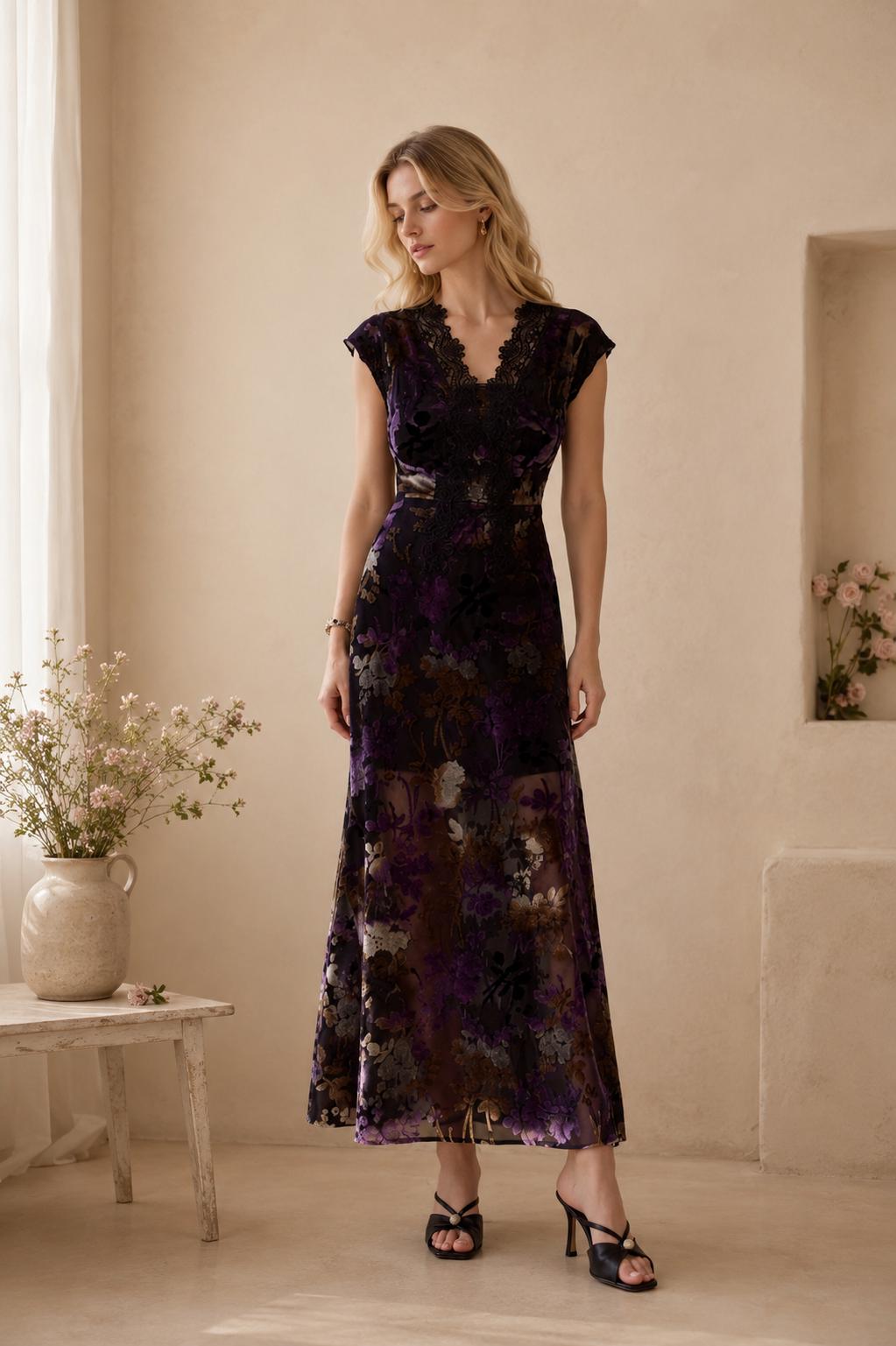 Women’s Black Floral Lace Maxi Dress